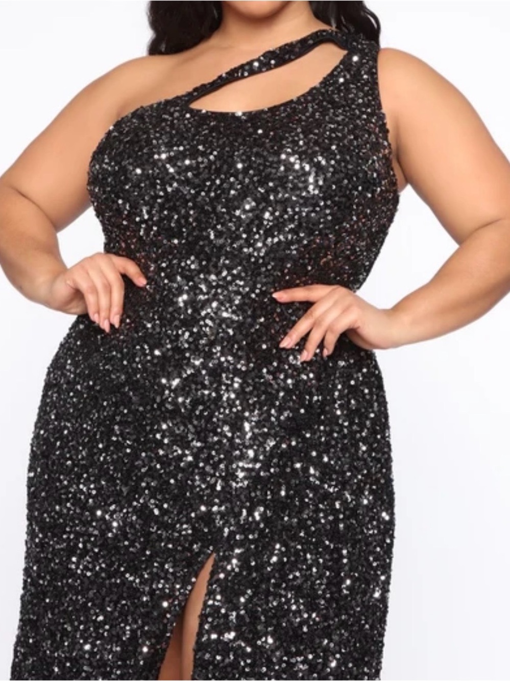 Fashion Nova Black Sequin One-Shoulder Evening Dress